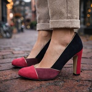 Anne Klein Colourblock Leather Pumps 8.5M | Red Burgundy Black Suede Gold Trim